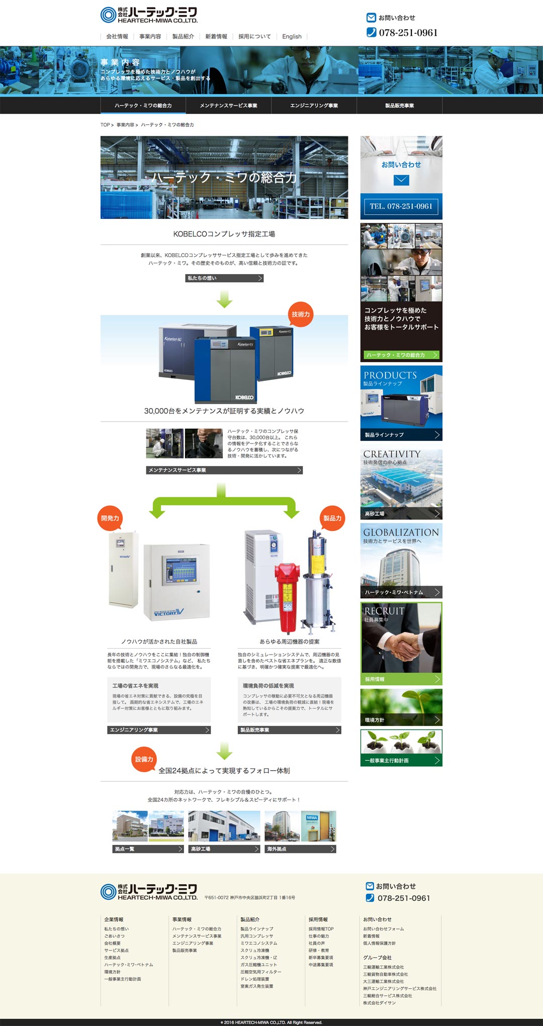 コンプレッサメンテナンス企業 ホームページ デザイン サンプル ハーテック・ミワの総合力