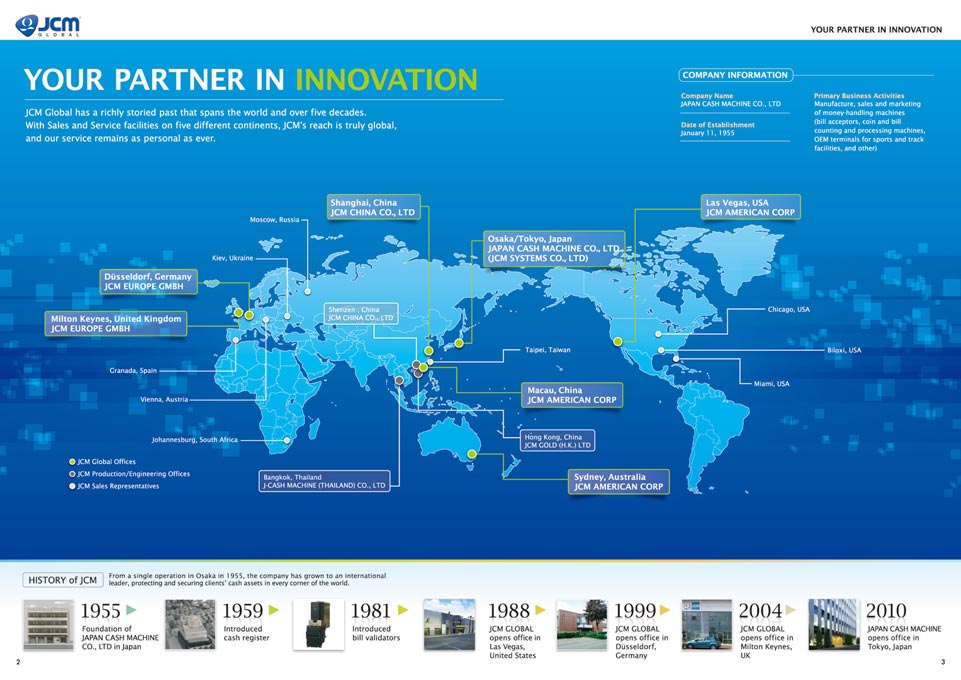 貨幣処理機器メーカー グローバルカタログ英語版 デザイン サンプル P.2〜P.3／導入