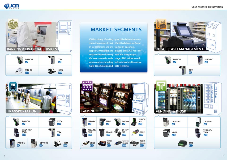 貨幣処理機器メーカー グローバルカタログ英語版 デザイン サンプル P.4〜P.5