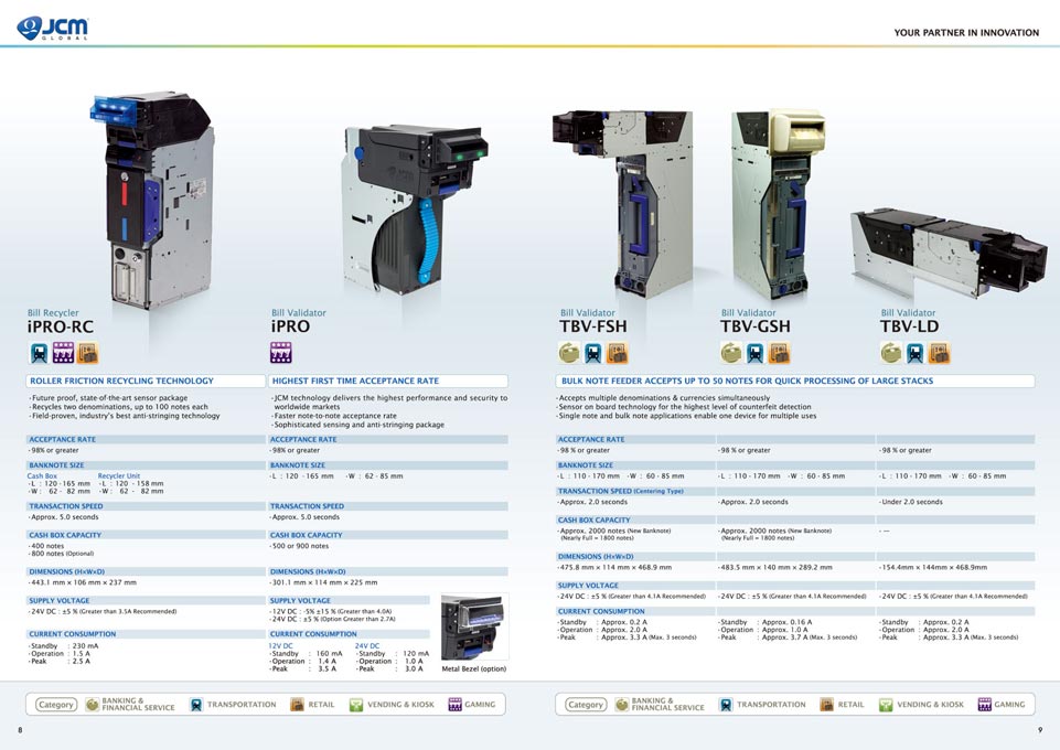 貨幣処理機器メーカー グローバルカタログ英語版 デザイン サンプル P.8〜P.9