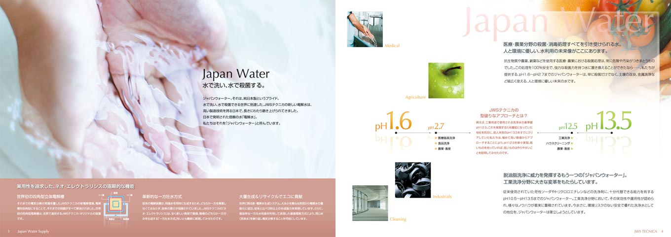 電解水生成装置製造会社 会社案内パンフレット デザイン サンプル P.3〜P.4