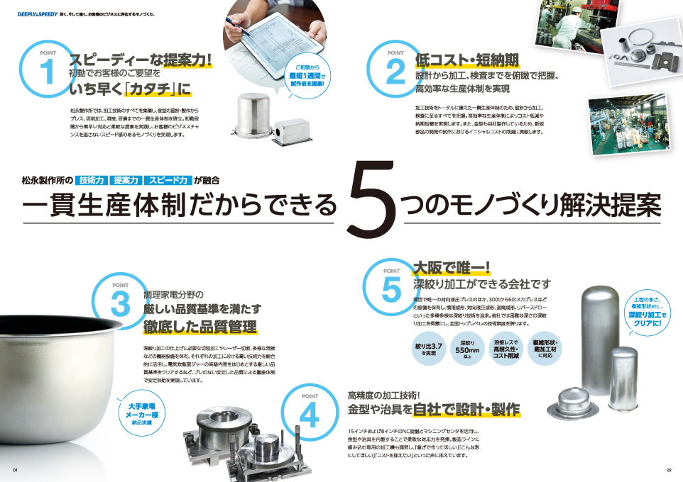 金属加工会社 会社案内パンフレット デザイン サンプル P.1〜P.2／導入