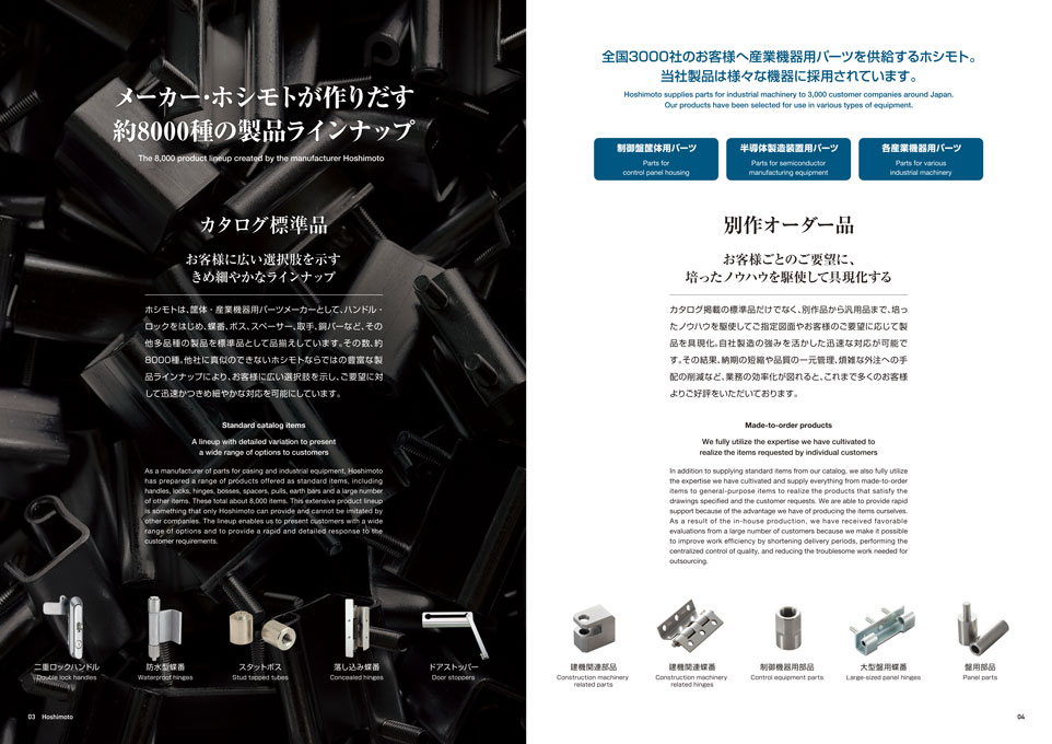左一面には黒背景に産業機器用パーツが重なりあった写真を配置、右は様々なニーズに応えられる別作オーダー品を紹介したページ。P.03〜04