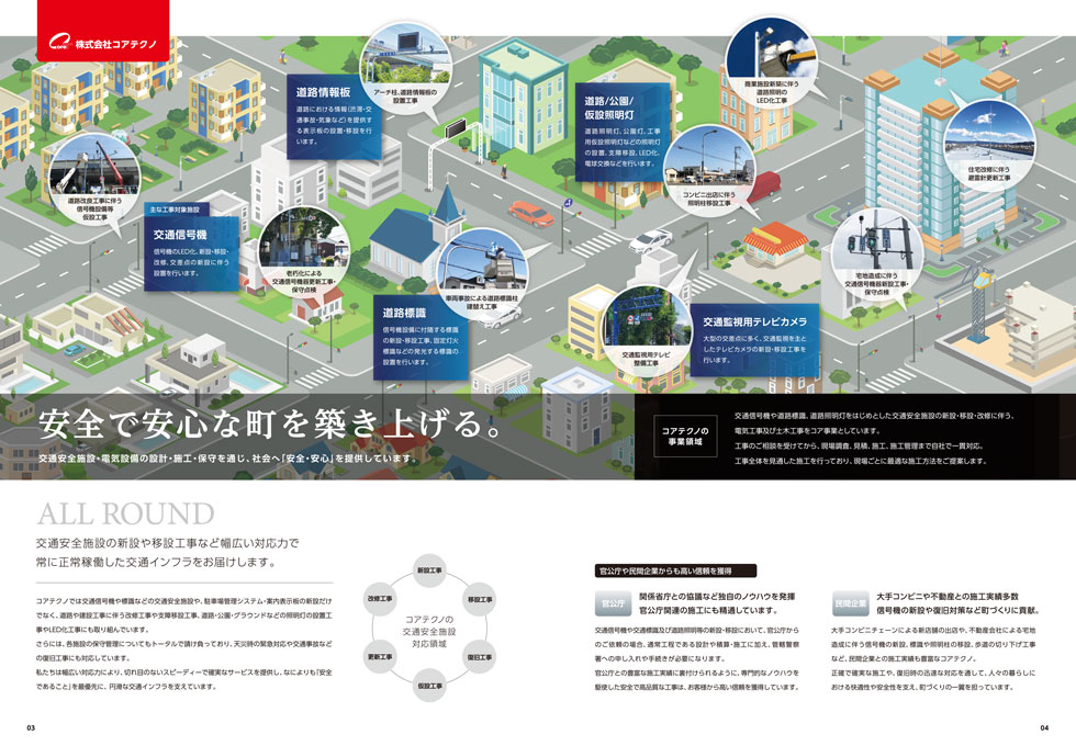 電気設備工事会社 会社案内パンフレット デザイン サンプル P.03〜P.04