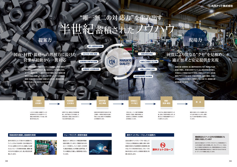 切削部品の製造販売会社 会社案内パンフレット デザイン サンプル P.03〜P.04